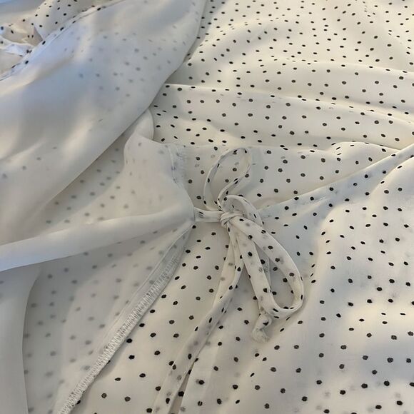 red Haute Black polkadot wrap front blouse with cold shoulder. Long sleeves. - Picture 9 of 13